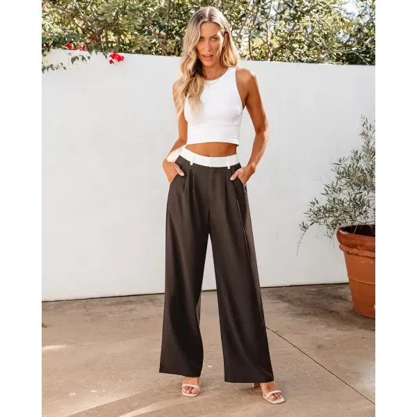 GRAPENT Wide Leg Pants for Women Work Business Casual High Waisted Dressy Pants Flowy Trousers OfficeBrown  White Block