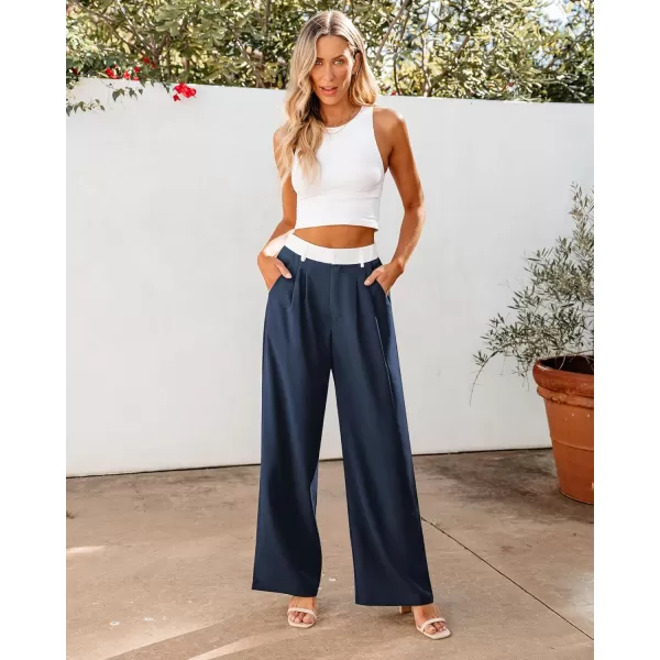 GRAPENT Wide Leg Pants for Women Work Business Casual High Waisted Dressy Pants Flowy Trousers OfficeNavy  White Block