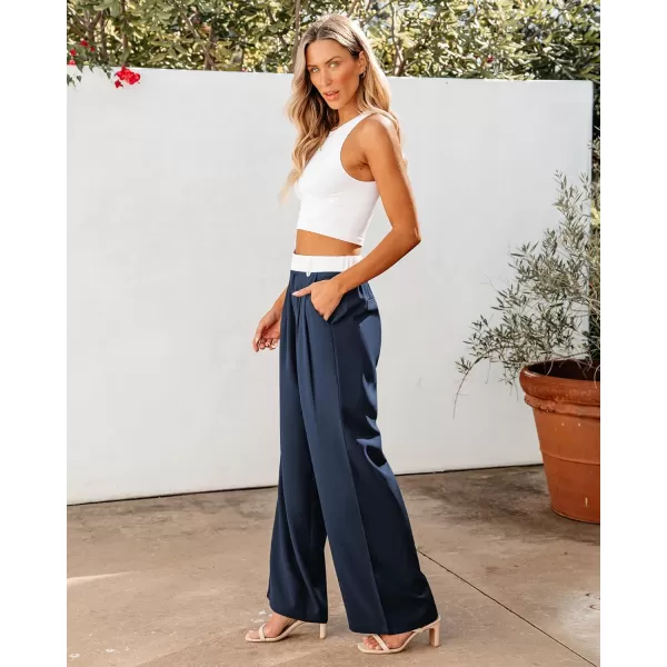 GRAPENT Wide Leg Pants for Women Work Business Casual High Waisted Dressy Pants Flowy Trousers OfficeNavy  White Block