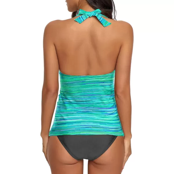 GRAPENT Women Halter V Neck Print Panel Open Back Two Piece Tankini Set Swimsuit
