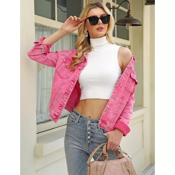 GRAPENT Womens Basic Button Down Long Sleeve Stretchy Jean Trucker Denim JacketAurora Pink
