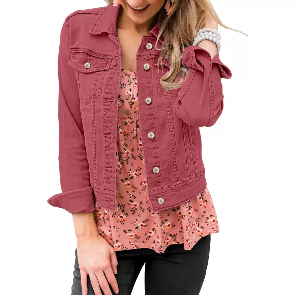 GRAPENT Womens Basic Button Down Long Sleeve Stretchy Jean Trucker Denim JacketBaroque Rose