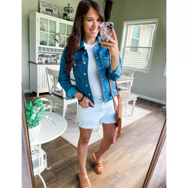 GRAPENT Womens Basic Button Down Long Sleeve Stretchy Jean Trucker Denim JacketBlue