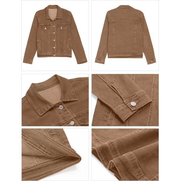 GRAPENT Womens Basic Button Down Long Sleeve Stretchy Jean Trucker Denim JacketBrown