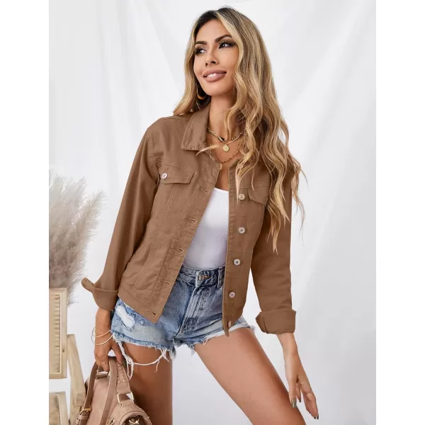 GRAPENT Womens Basic Button Down Long Sleeve Stretchy Jean Trucker Denim JacketBrown