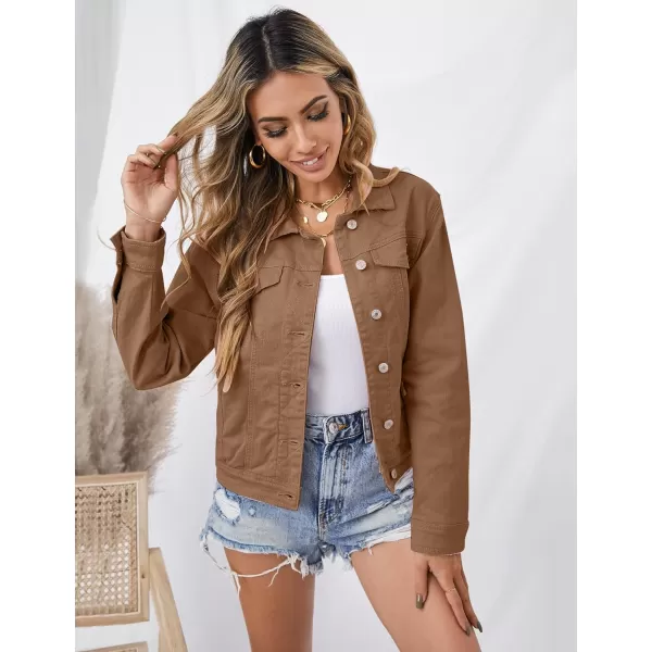 GRAPENT Womens Basic Button Down Long Sleeve Stretchy Jean Trucker Denim JacketBrown