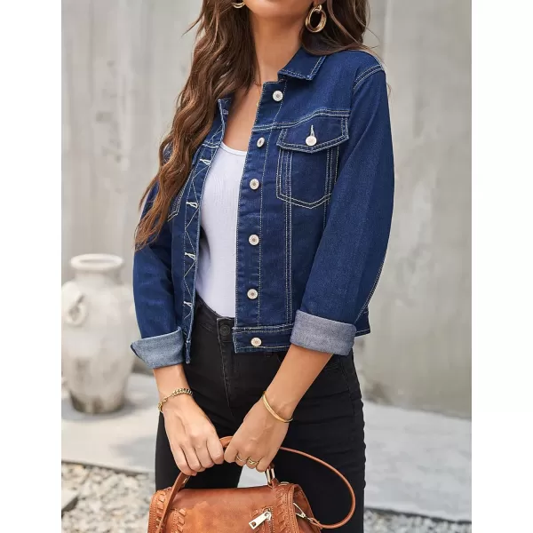 GRAPENT Womens Basic Button Down Long Sleeve Stretchy Jean Trucker Denim JacketDenim Blue