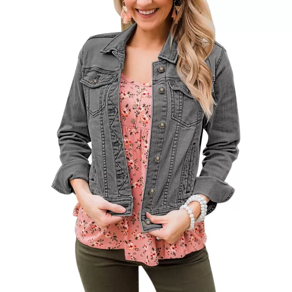 GRAPENT Womens Basic Button Down Long Sleeve Stretchy Jean Trucker Denim JacketGray