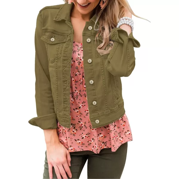 GRAPENT Womens Basic Button Down Long Sleeve Stretchy Jean Trucker Denim JacketOlive Green