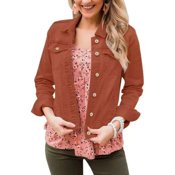 GRAPENT Womens Basic Button Down Long Sleeve Stretchy Jean Trucker Denim JacketOrange Rust