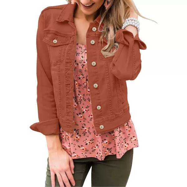 GRAPENT Womens Basic Button Down Long Sleeve Stretchy Jean Trucker Denim JacketOrange Rust