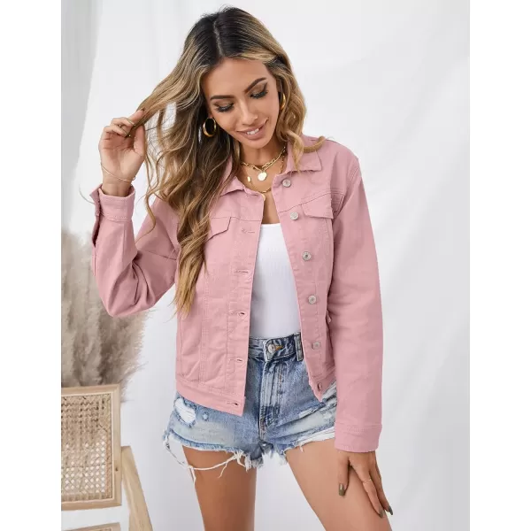 GRAPENT Womens Basic Button Down Long Sleeve Stretchy Jean Trucker Denim JacketPink