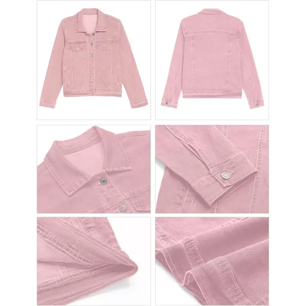 GRAPENT Womens Basic Button Down Long Sleeve Stretchy Jean Trucker Denim JacketPink