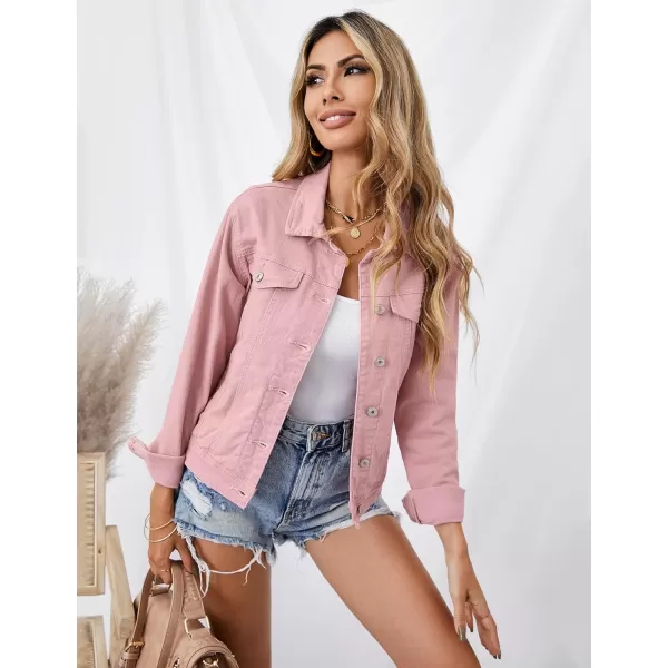 GRAPENT Womens Basic Button Down Long Sleeve Stretchy Jean Trucker Denim JacketPink