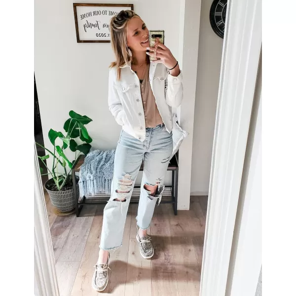 GRAPENT Womens Basic Button Down Long Sleeve Stretchy Jean Trucker Denim JacketWhite