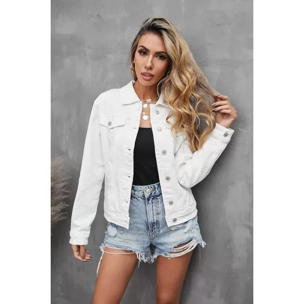 GRAPENT Womens Basic Button Down Long Sleeve Stretchy Jean Trucker Denim JacketWhite