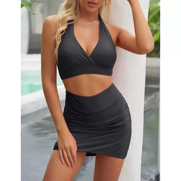 GRAPENT Womens High Waist Tulip Hem Shirring Swim Skirt Swimsuit Bikini Bottom200411 Dark Grey