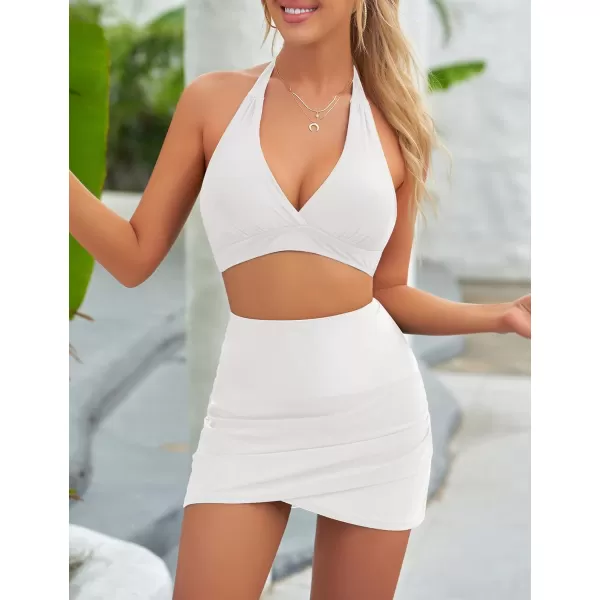 GRAPENT Womens High Waist Tulip Hem Shirring Swim Skirt Swimsuit Bikini BottomA 1 White