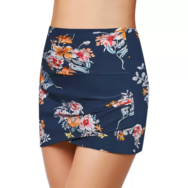 GRAPENT Womens High Waist Tulip Hem Shirring Swim Skirt Swimsuit Bikini BottomA 105 Navy Floral