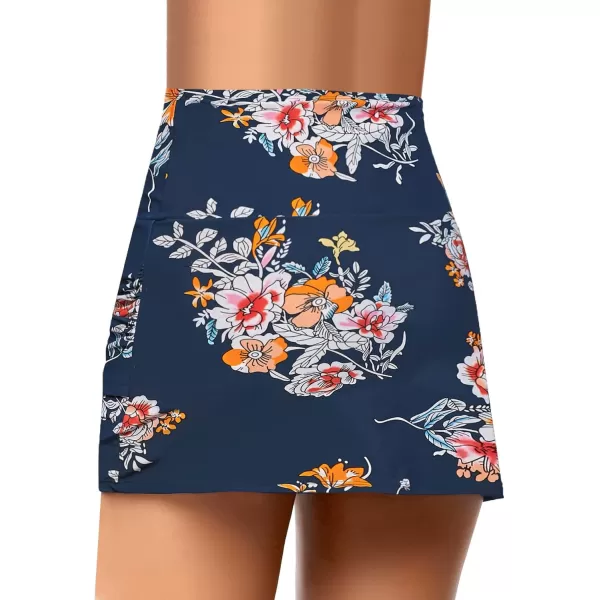 GRAPENT Womens High Waist Tulip Hem Shirring Swim Skirt Swimsuit Bikini BottomA 105 Navy Floral