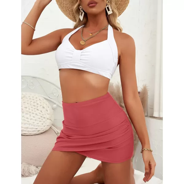 GRAPENT Womens High Waist Tulip Hem Shirring Swim Skirt Swimsuit Bikini BottomA Coral