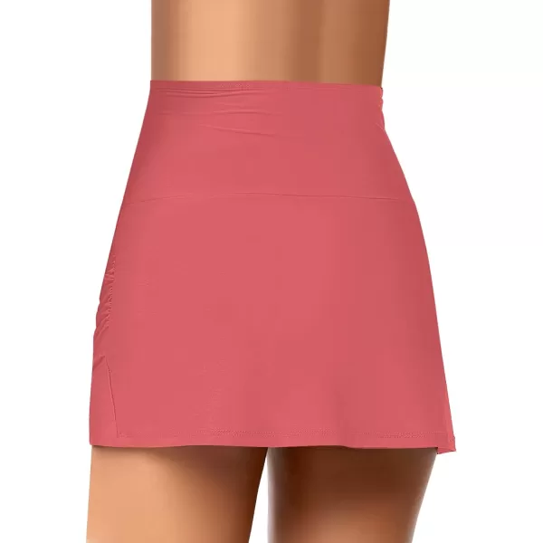GRAPENT Womens High Waist Tulip Hem Shirring Swim Skirt Swimsuit Bikini BottomA Coral