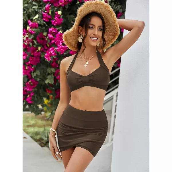 GRAPENT Womens High Waist Tulip Hem Shirring Swim Skirt Swimsuit Bikini BottomChocolate Brown
