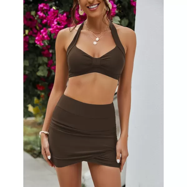 GRAPENT Womens High Waist Tulip Hem Shirring Swim Skirt Swimsuit Bikini BottomChocolate Brown