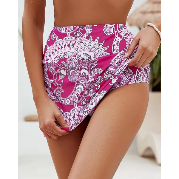 GRAPENT Womens High Waist Tulip Hem Shirring Swim Skirt Swimsuit Bikini BottomHot Pink Paisley