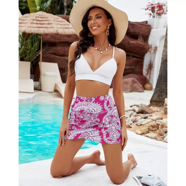 GRAPENT Womens High Waist Tulip Hem Shirring Swim Skirt Swimsuit Bikini BottomHot Pink Paisley