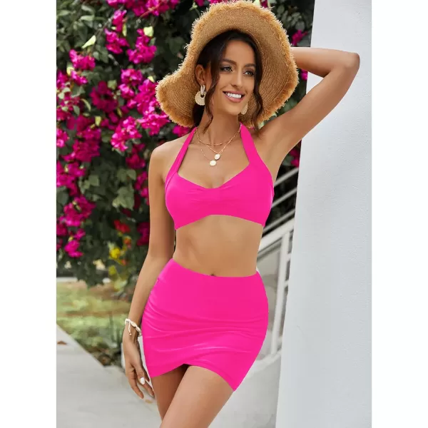 GRAPENT Womens High Waist Tulip Hem Shirring Swim Skirt Swimsuit Bikini BottomNeon Pink