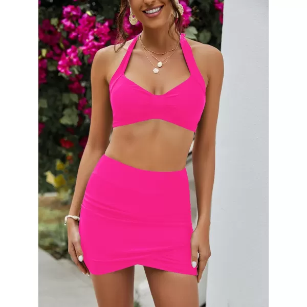 GRAPENT Womens High Waist Tulip Hem Shirring Swim Skirt Swimsuit Bikini BottomNeon Pink
