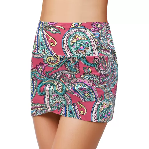 GRAPENT Womens High Waist Tulip Hem Shirring Swim Skirt Swimsuit Bikini BottomPaisley  Multicolor