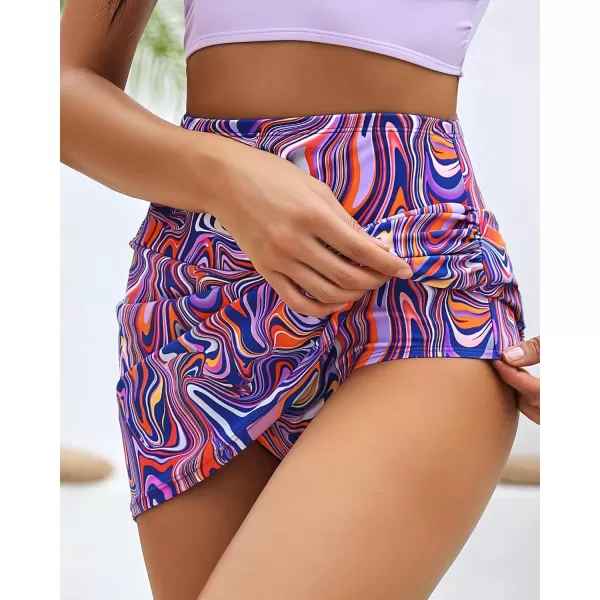 GRAPENT Womens High Waist Tulip Hem Shirring Swim Skirt Swimsuit Bikini BottomPurple Wavy
