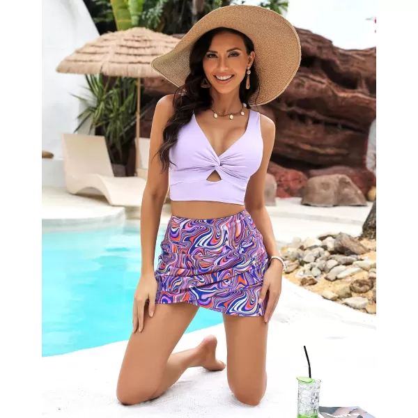 GRAPENT Womens High Waist Tulip Hem Shirring Swim Skirt Swimsuit Bikini BottomPurple Wavy