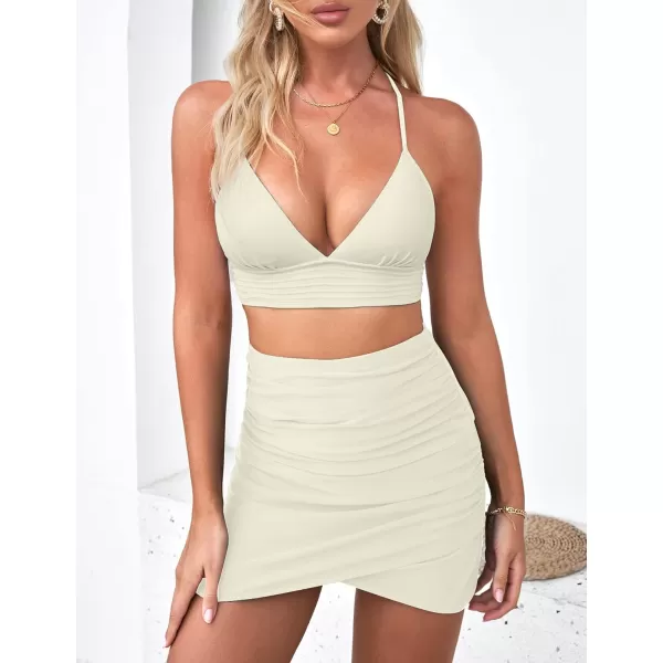 GRAPENT Womens High Waisted Bikini Bottoms Ruched Swimsuit Tulip Hem Swim SkirtC Ruched Cream