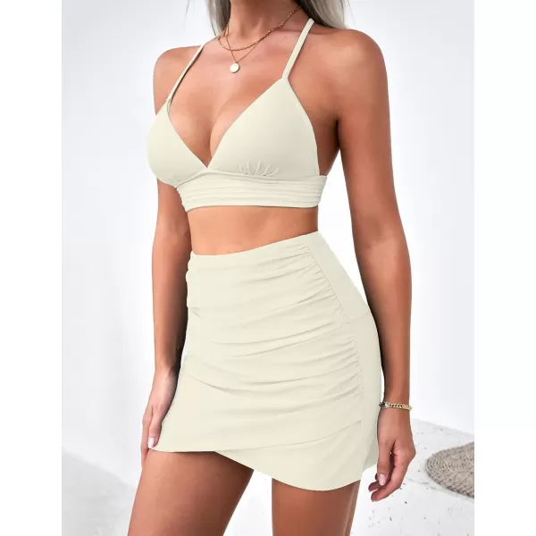 GRAPENT Womens High Waisted Bikini Bottoms Ruched Swimsuit Tulip Hem Swim SkirtC Ruched Cream