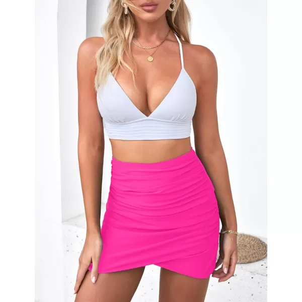 GRAPENT Womens High Waisted Bikini Bottoms Ruched Swimsuit Tulip Hem Swim SkirtC Ruched Hot Pink