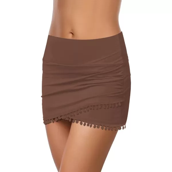 GRAPENT Womens High Waisted Bikini Bottoms Ruched Swimsuit Tulip Hem Swim SkirtE Mid Waist Brown Patina