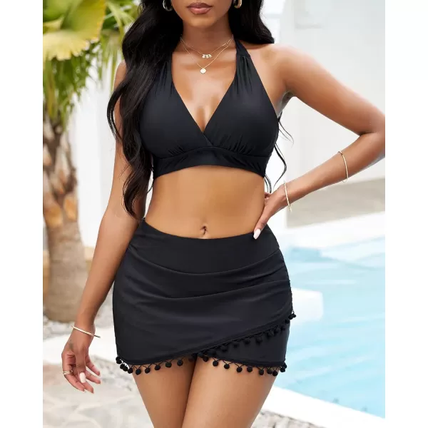 GRAPENT Womens High Waisted Bikini Bottoms Ruched Swimsuit Tulip Hem Swim SkirtE Mid Waist Tassels Black