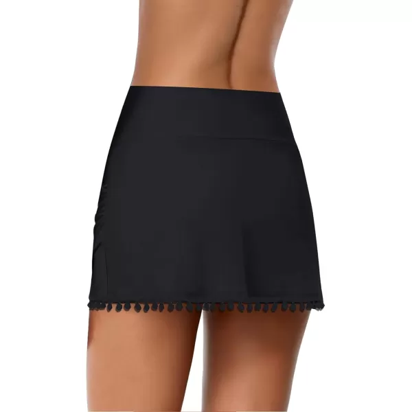 GRAPENT Womens High Waisted Bikini Bottoms Ruched Swimsuit Tulip Hem Swim SkirtE Mid Waist Tassels Black