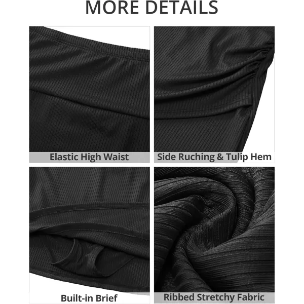 GRAPENT Womens High Waisted Bikini Swim Skirt Bottoms Ruched Ribbed Bathing Suit Skirts Tulip Tankini Swimsuit BottomBlack