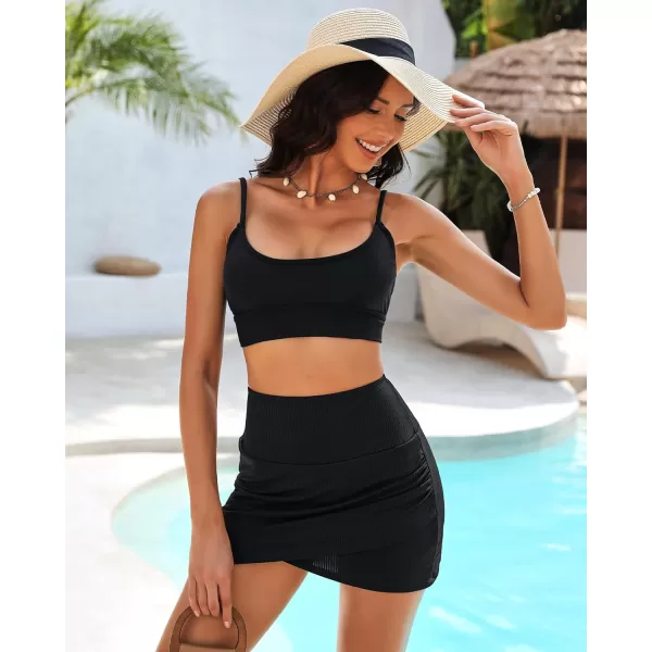 GRAPENT Womens High Waisted Bikini Swim Skirt Bottoms Ruched Ribbed Bathing Suit Skirts Tulip Tankini Swimsuit BottomBlack