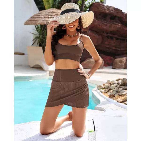 GRAPENT Womens High Waisted Bikini Swim Skirt Bottoms Ruched Ribbed Bathing Suit Skirts Tulip Tankini Swimsuit BottomCoffee Brown