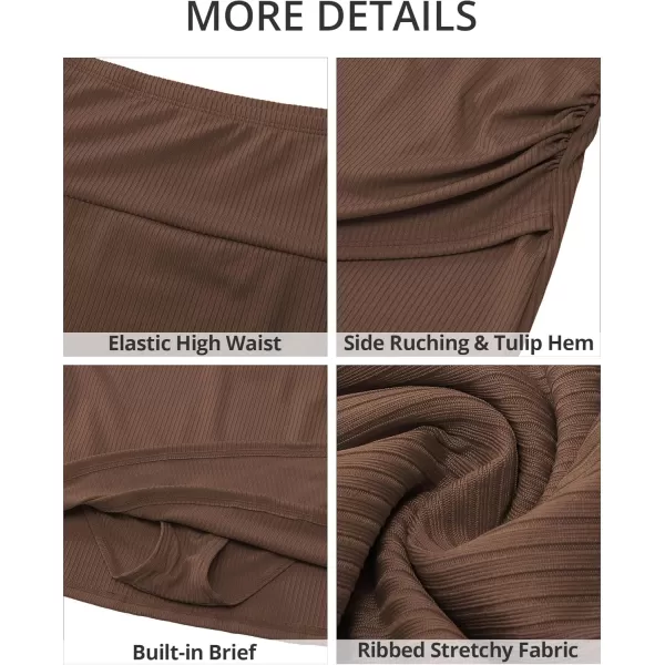 GRAPENT Womens High Waisted Bikini Swim Skirt Bottoms Ruched Ribbed Bathing Suit Skirts Tulip Tankini Swimsuit BottomCoffee Brown