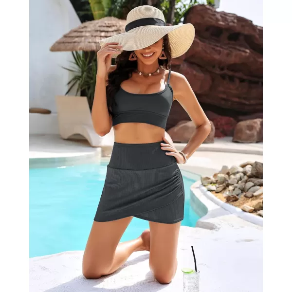 GRAPENT Womens High Waisted Bikini Swim Skirt Bottoms Ruched Ribbed Bathing Suit Skirts Tulip Tankini Swimsuit BottomDark Gray