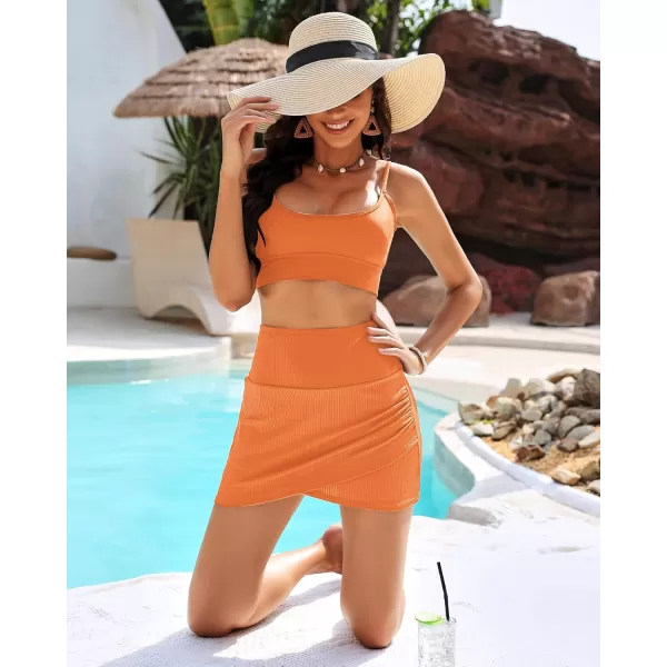 GRAPENT Womens High Waisted Bikini Swim Skirt Bottoms Ruched Ribbed Bathing Suit Skirts Tulip Tankini Swimsuit BottomOrange