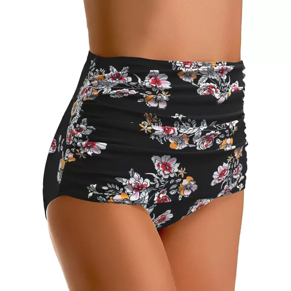 GRAPENT Womens High Waisted Swim Bottom Ruched Bikini Tankini Swimsuit BriefsB 2022 Black Floral
