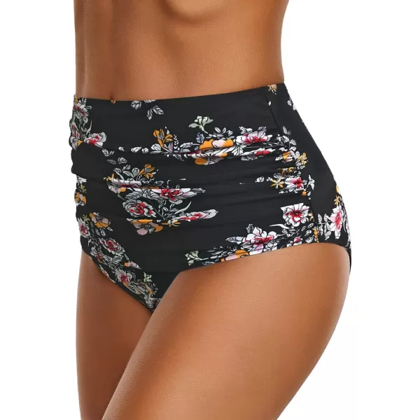 GRAPENT Womens High Waisted Swim Bottom Ruched Bikini Tankini Swimsuit BriefsB 2022 Black Floral