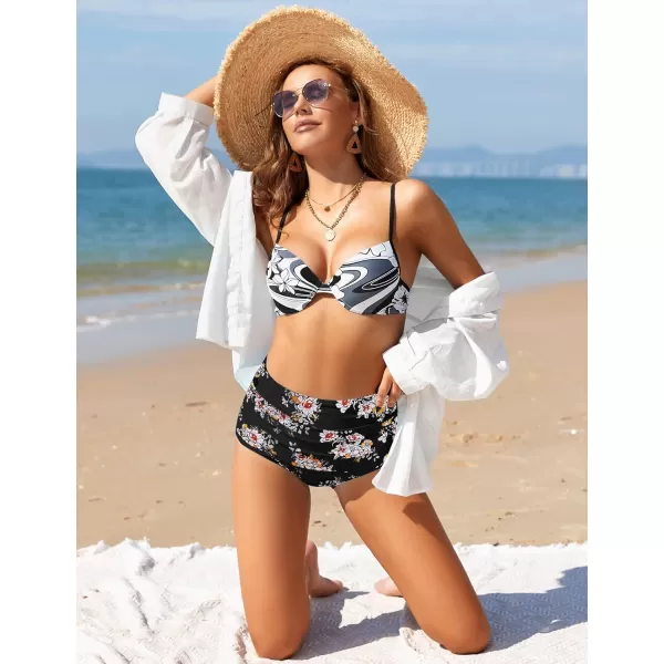 GRAPENT Womens High Waisted Swim Bottom Ruched Bikini Tankini Swimsuit BriefsB 2022 Black Floral